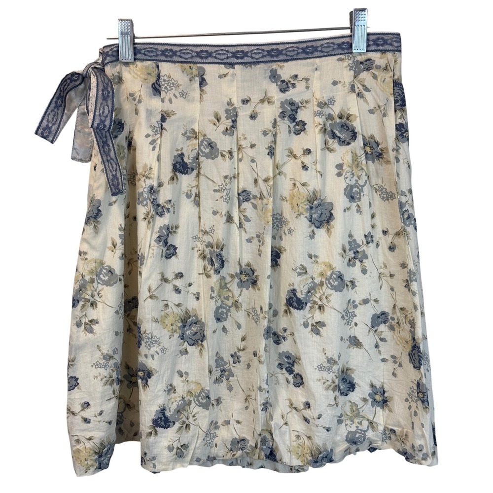 Vintage Angie Cottagecore Floral Pleated Cotton Bubble Skirt Sz Small Blue Ivory
